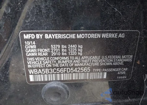 2015 BMW 535I xDrive z USA, uszkodzony, nr VIN WBA5B3C56FD542565